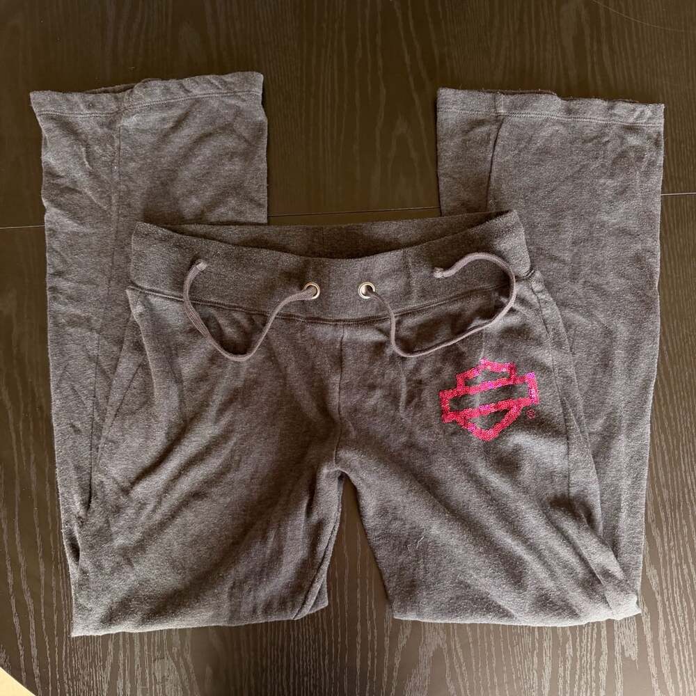 Harley Davidson Sweatpants Size L Gray Pink Sequin Bar Shield